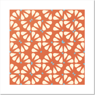 Orange Vintage Checkered Flowers Posters and Art